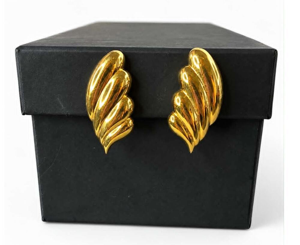 Vintage Monet gold tone wing feather statement earrings